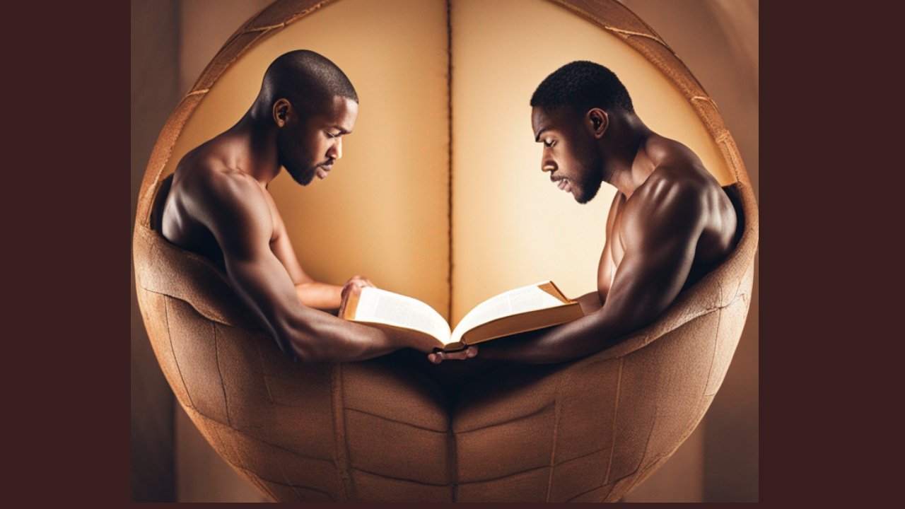 image of two black men facing each other, looking at the Holy Bible, inside a world globe